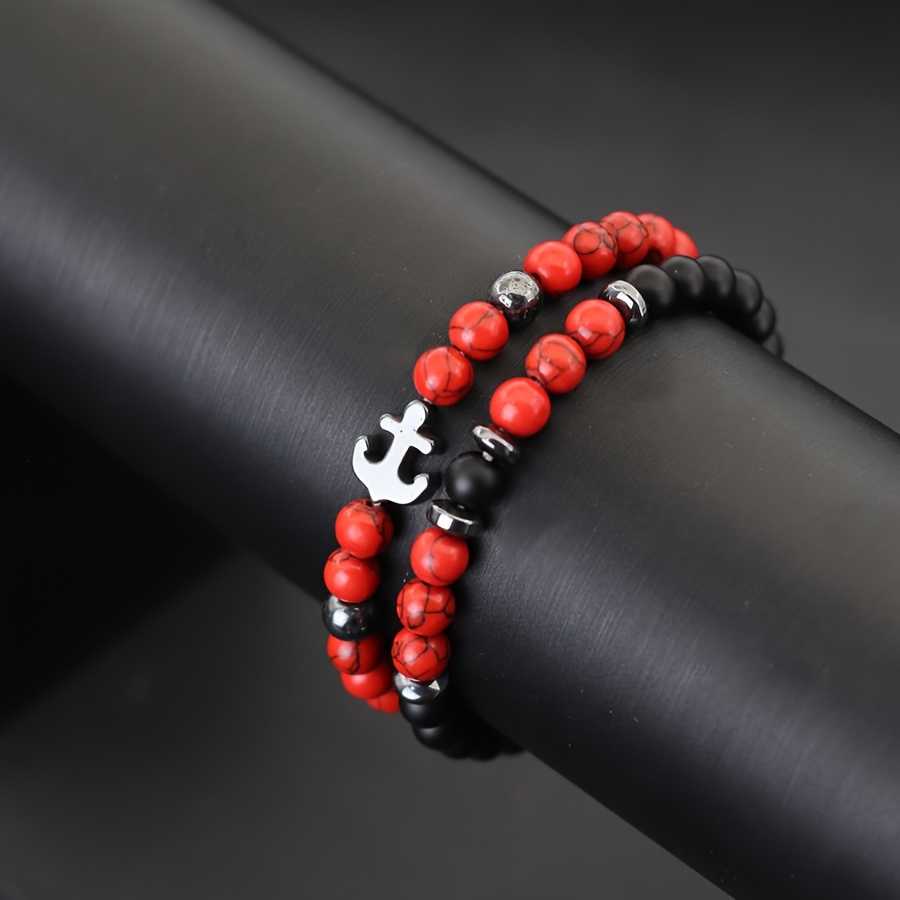 2pcs Vintage Stone Beads Stackable Anchor Bracelets for Men